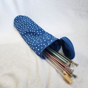 Fabric Knitting Needle Case 15 Inches Blue And White Polka Dot Travel Zippered